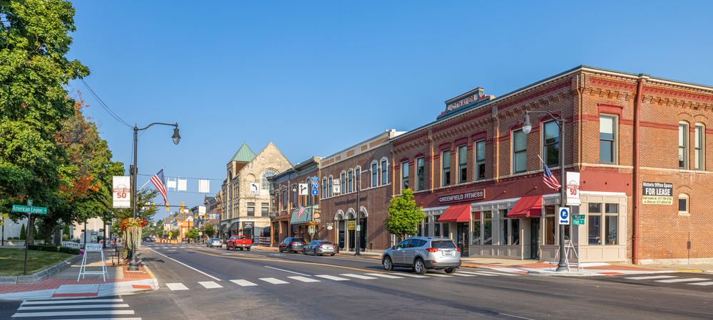 Hancock County Greenfield, Indiana, United States - August 20, 2021: The business district on Main Street